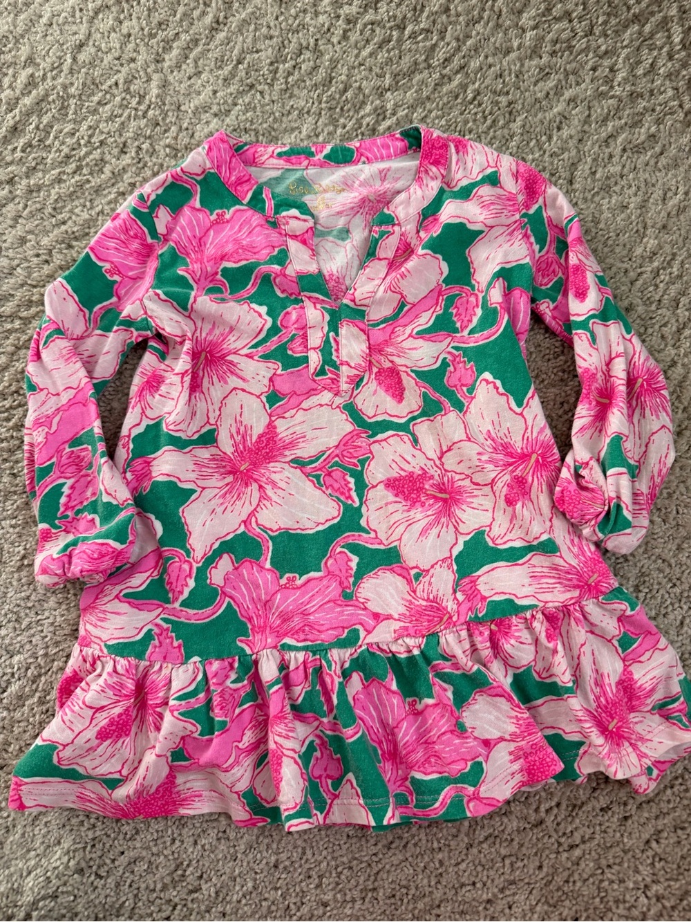 Lilly Pulitzer Green and Pink Floral Ruffle-Hem dress